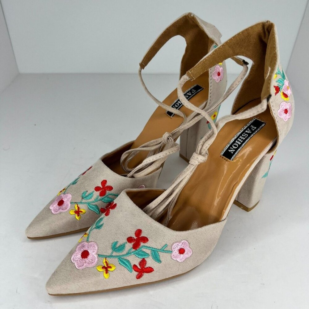 Fashion Womens Cream Suede Floral Block Pointed Toe Slip On Size 42 Pump Heels